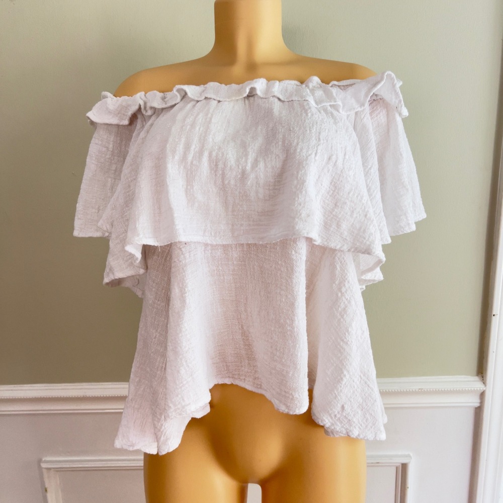Ruffle Off‎ Shoulder Top Womens White Gauze Tiered Boho Cottagecore